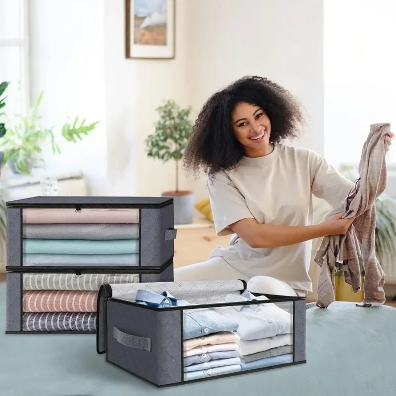 Storage 3-Pack Clothes Organizer Storage Bags Foldable Storage Box with Large Clear Window Sturdy Handles 6