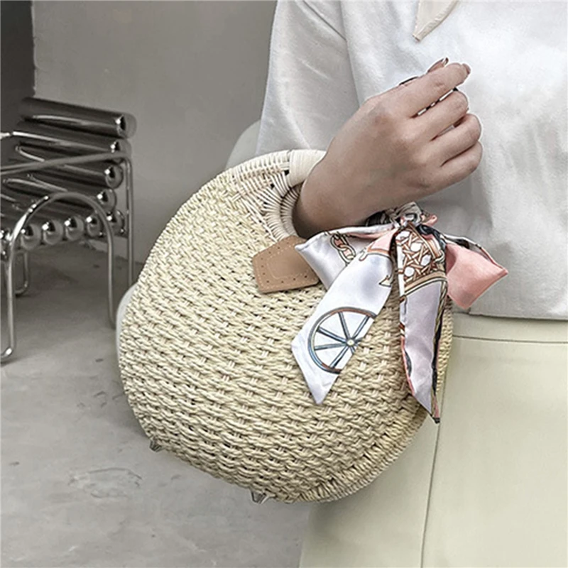 Urlaub Muschel Handtaschen Persönlichkeit niedlichen Rattan Tasche lässig kleine runde Tasche gewebte weibliche Mode Strand tasche — изображение 2
