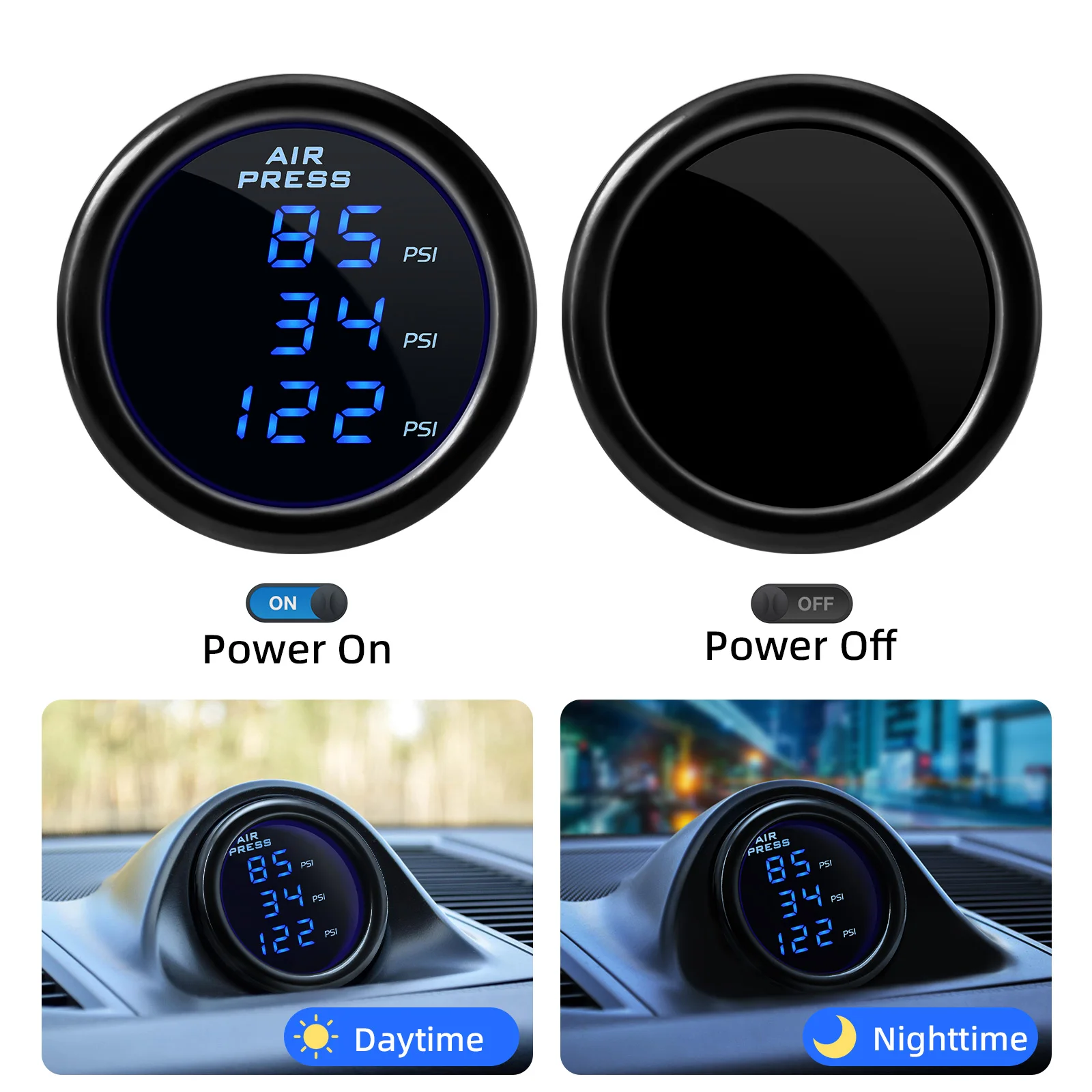 Display Digital Air Ride Suspensão, Manômetro de ar do carro, 3Pcs 1/8NPT Sensores, 0-220PS, 52mm, 220PSI