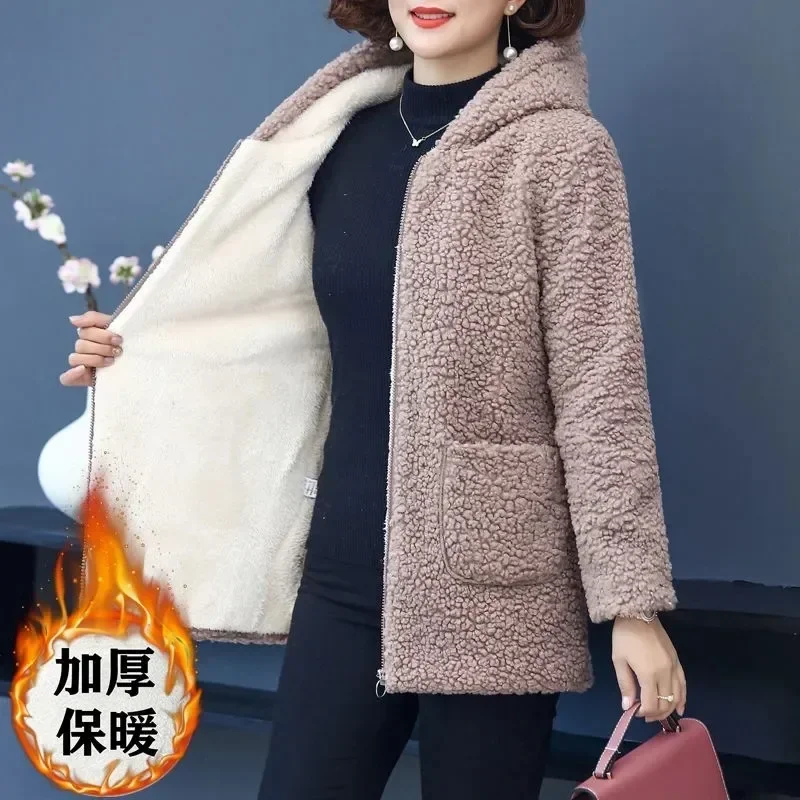 Mother Winter Women Fur Lambswool Polar Fleece Plus Velvet Cotton Jacket Coat Oversized Overcoat Hooded Outerwear Parkas Female