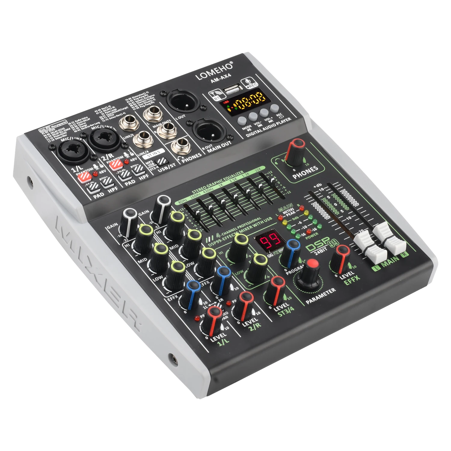 4/6 채널 믹싱 콘솔 48V 99 DSP 효과 Bluetooth Lomeho 오디오 DJ 믹서 USB PC 재생 레코드 팟캐스트 사운드 테이블 AM-AX4