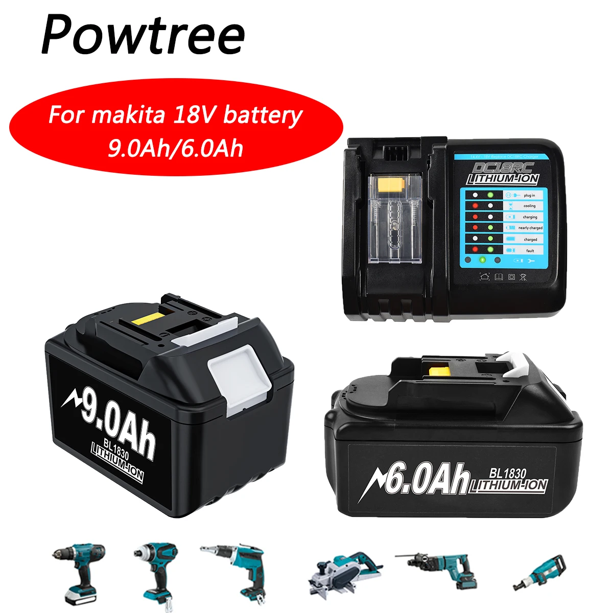 

Upgrade 18V 9.0Ah/6.0Ah Li-ion Battery For Makita Power Tools with LED Li-ion Replacement BL1860 1850 BL1830 BL1830B BL1860