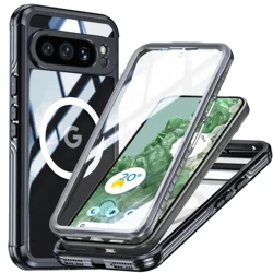 360 Protection Dual Layer Clear Shockproof Phone Case with MagSafe and Wireless Charging Compatibility - Google Pixel 8 Pro (Black)