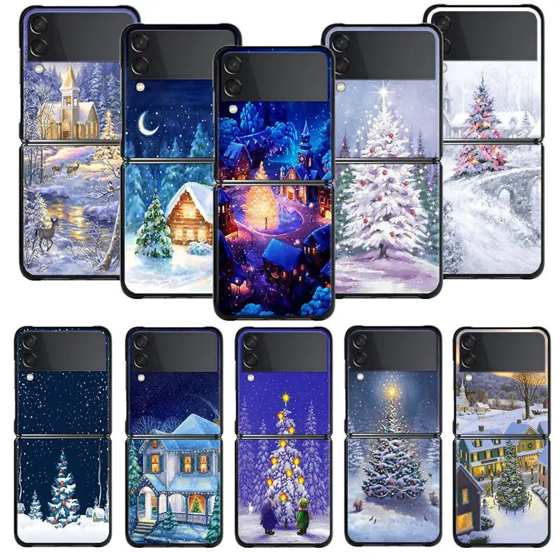 Custodia Per Telefono Per Samsung Galaxy Z Flip 5 Z Flip 4 Z Flip3 5G Shell Per Galaxy Z Flip Hard Merry Christmas Tree House Painting