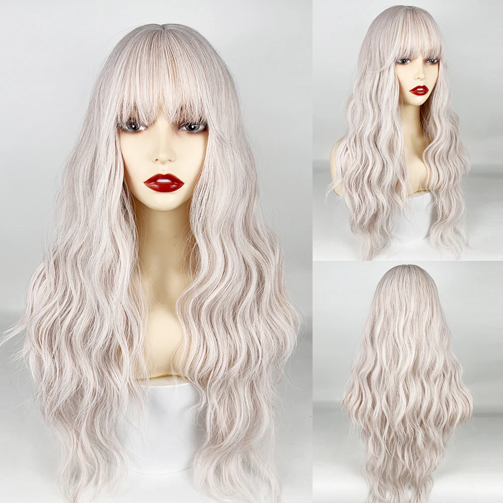 

URCGTSA Wavy White Wig for Women Daily Cosplay Synthetic Platinum Wigs Natural Fluffy Hair With Bangs Heat Resistant Lolita Wig