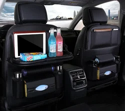 Luxury Leather Car Seat Organizer with Foldable Tray and Storage Pockets (Black)