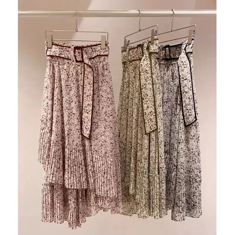 

Japanese Sweet Irregular Floral Skirt Women Vintage High Waist Belt Spring Summer 2023 New Jupe Femme Elegant Chic Casual Faldas