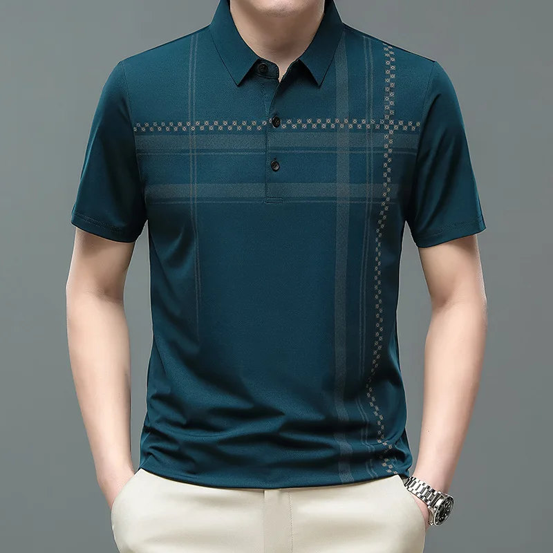 

Summer New Men's Printed Ice Silk Simple Business T-shirt Loose Casual Lapel Polo Shirt