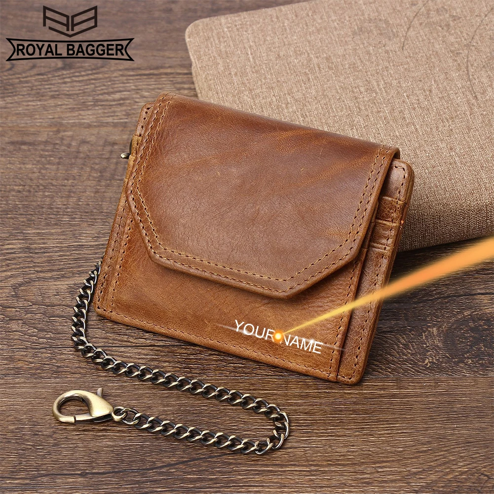 

Royal Bagger RFID Block Short Wallet for Men Vintage Card Holder Genuine Cow Leather Coin Purse with Chain Strap 880