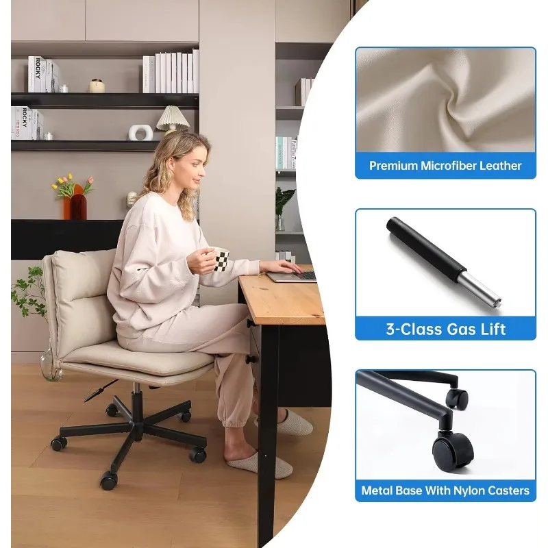 Armless Office Desks Chair with Wheels PU-Padded Vanity Chair Mid-Back Ergonomic Home Office Computer