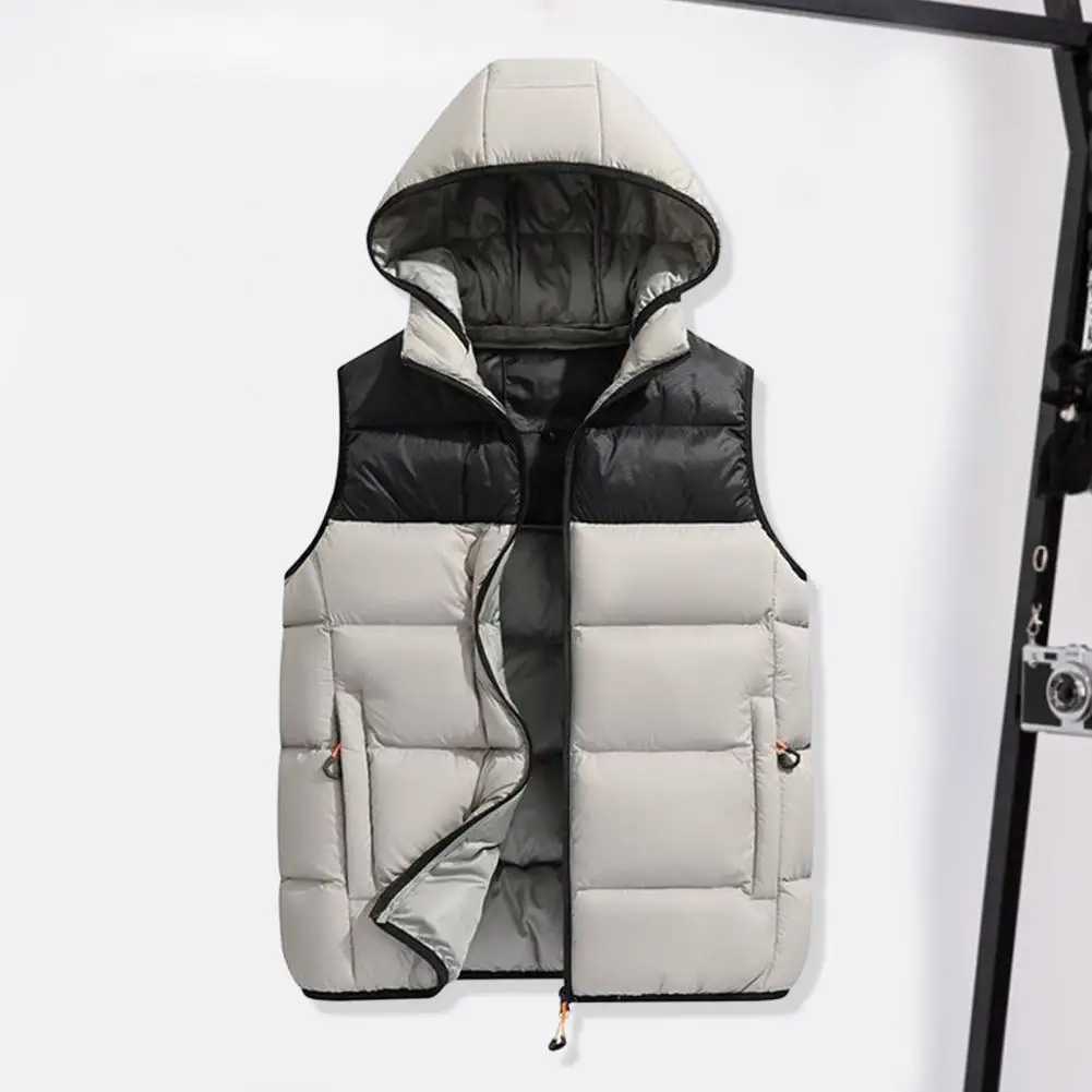 Removable Hood Waistcoat Windproof Men's Winter Cotton Vest with Hood Pockets Zipper Closure Thick Warm Stylish for Cold