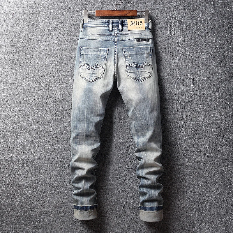 Fashion Designer Men Jeans High Quality Retro Light Gray Blue Elastic Slim Fit Ripped Jeans Men Patched Vintage Pants Hombre