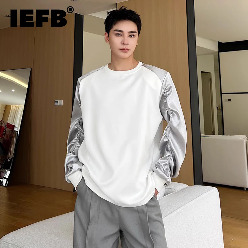 

IEFB Autumn New Long Sleeve T-shirts Men Korean Style Silver Satin Pleated Round Neck Pullover Fashion Casual Sweatshirts 9C1939
