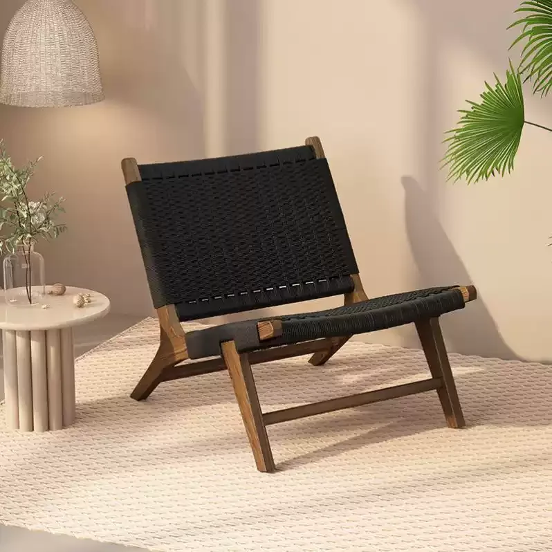 Rope Woven Solid Wood Lounge Chair, Nordic Balcony Leisure Chair, Wabi-Sabi Lazy Armchair for Small Spaces and Bedroom Decor