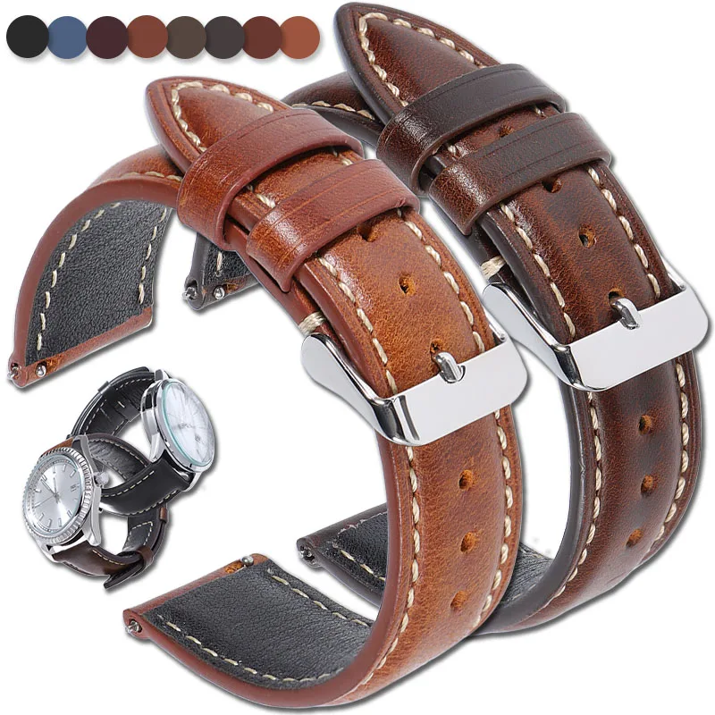 Premium Vintage Oil Wax Leather Watch Strap - High-Quality Cowhide with Quick Release