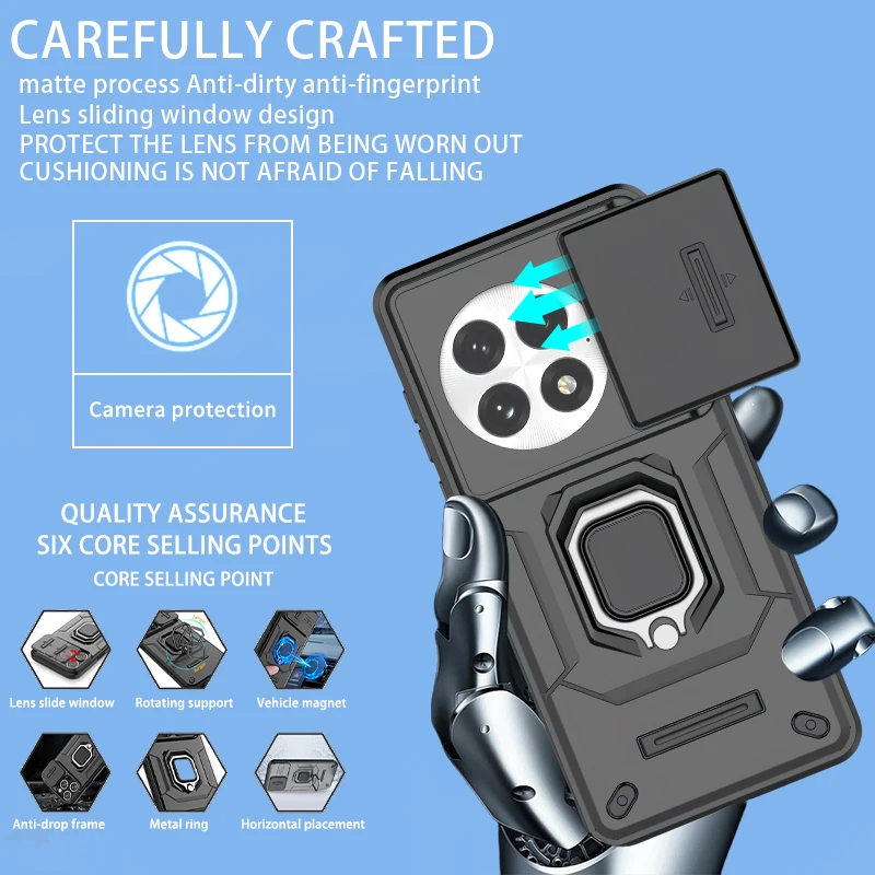 Slide Lens Protect Armor Phone Case with Car Magnetic Ring Holder and Back Cover