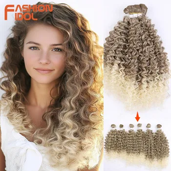 FASHION IDOL Deep Wave Hair Weave Ombre Brown Color Synthetic Hair Extensions 6pcs 22 24 26 inch Afro Kinky Curly Hair Bundles 1