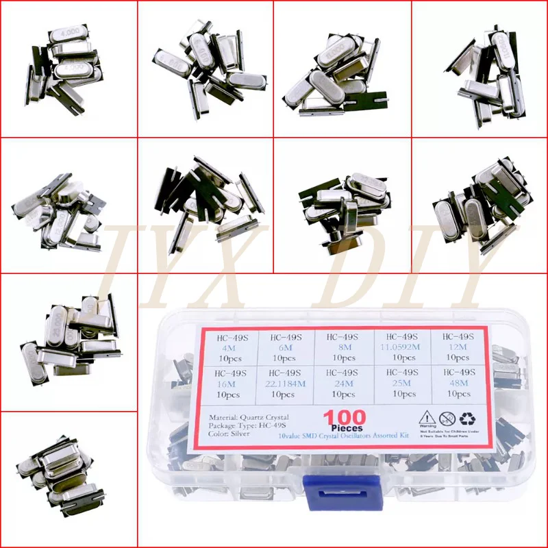 100PCS 10종류 HC-49S SMD 패시브 석영 크리스탈 발진기 키트 4M 6M 8M 11.0592M 12M 16M 22.1184M 24M 25M 48M 모듬형 공진기