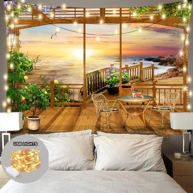 

3D Print Beach Scenery Tapestry with Lights Wall Hanging Psychedelic Boho Tapestries Bderoom Home Room Aesthetic Decoration