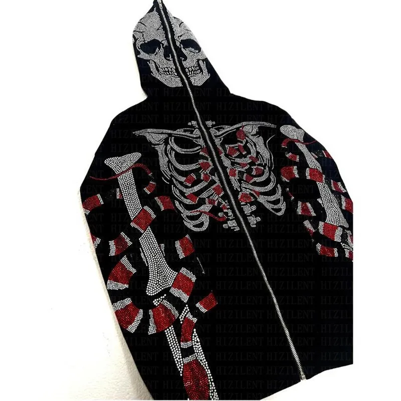 Y2K Hoodie Men Skull Skeleton Snake Diamond Print Gothic Full Zip Long  Sleeve Hooded Sweatshirt Women Jacket Rhinestone Hoodies - AliExpress