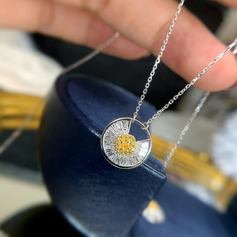 LUOWEND 18K Solid White Gold Necklace Real Yellow Diamond Pendant Necklace Fashion Shape Exquisite Fine for Women Birthday Gift