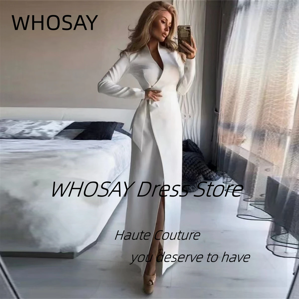 

WHOSAY Ladies Wear Side Slit Prom Dresses with Sash Long Sleeves Evening Party Gowns Saudi Arabia Women Special Occasion Dress