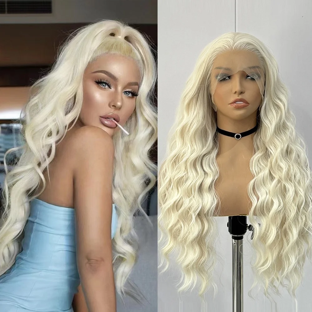 Lace Front Wig Synthetic Hair Wigs Synthetic Platinum Blonde Wig Lace Front Wigs Women Loose Curly Hair Heat Resistant Fiber Free Part Natural Wave Cosplay Wig
