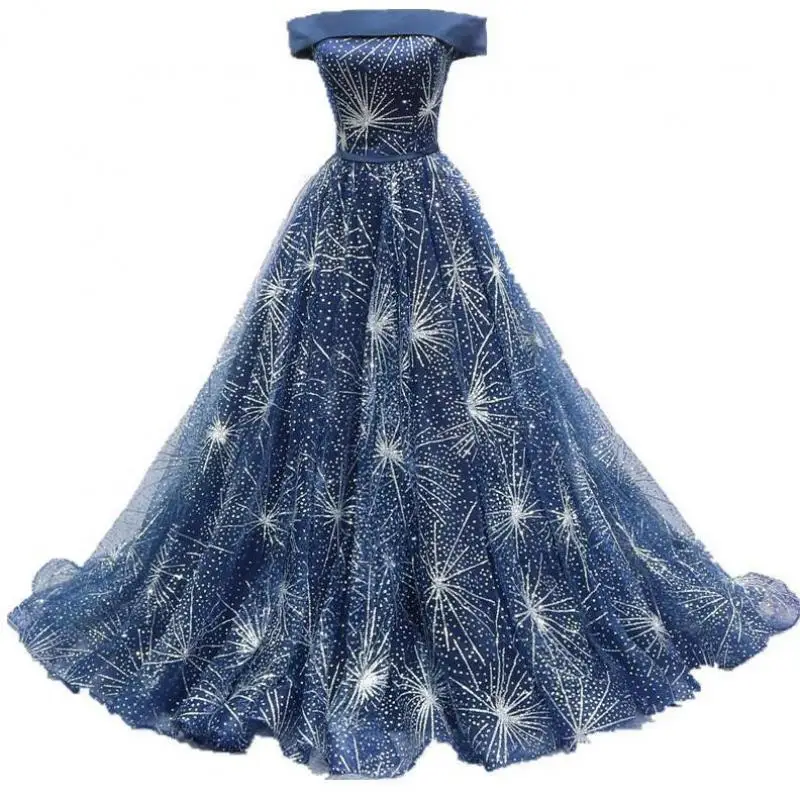 New Dark Blue Quinceanera Dresses Classic Off The Shoulder Tulle Party Ball Gown Simple Fashion Sequin Shining Banquet Vestidos