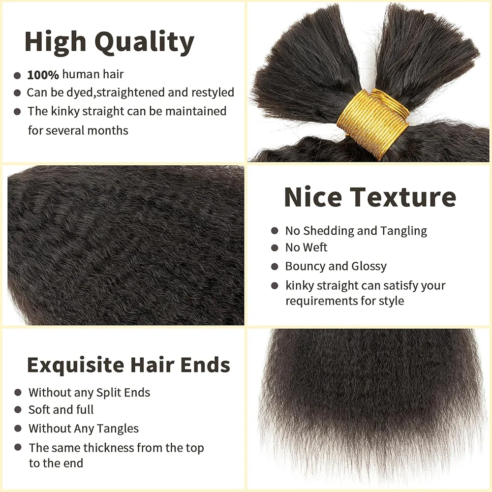 Kinky Straight Human Hair Braiding Hair No Weft Natural Color Real Human Bulk For Braiding Extensions 16-26Inches #1B