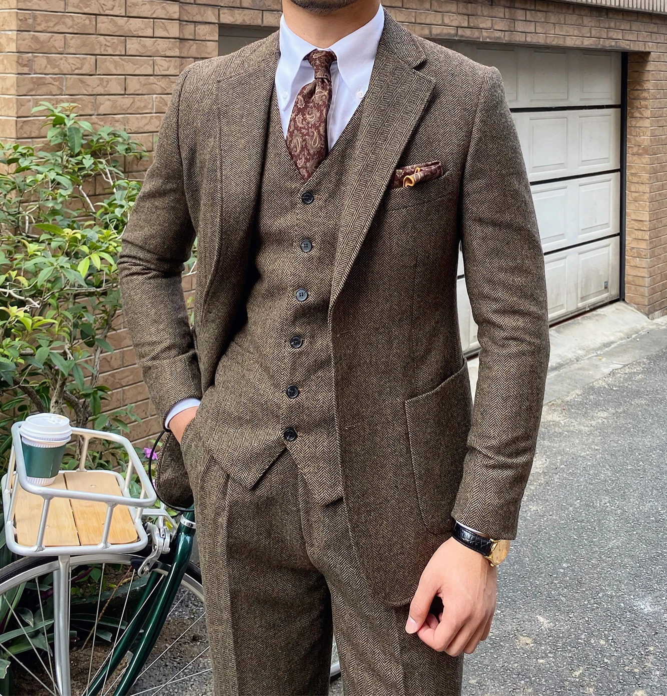 3 pezzi abiti da uomo Tweed a spina di pesce Slim Fit Business Cauasl gilet giacca.jpg