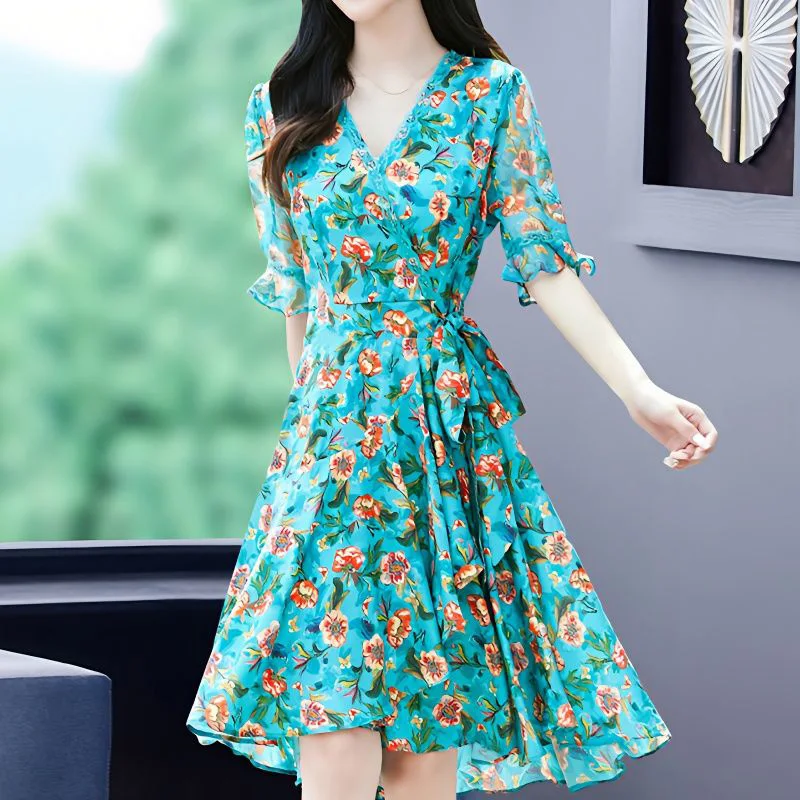 

Elegant Printed Spliced Loose Bandage Bow Ruffles Mini Dress Women's Clothing 2023 Summer New Oversized Asymmetrical Floral Dres