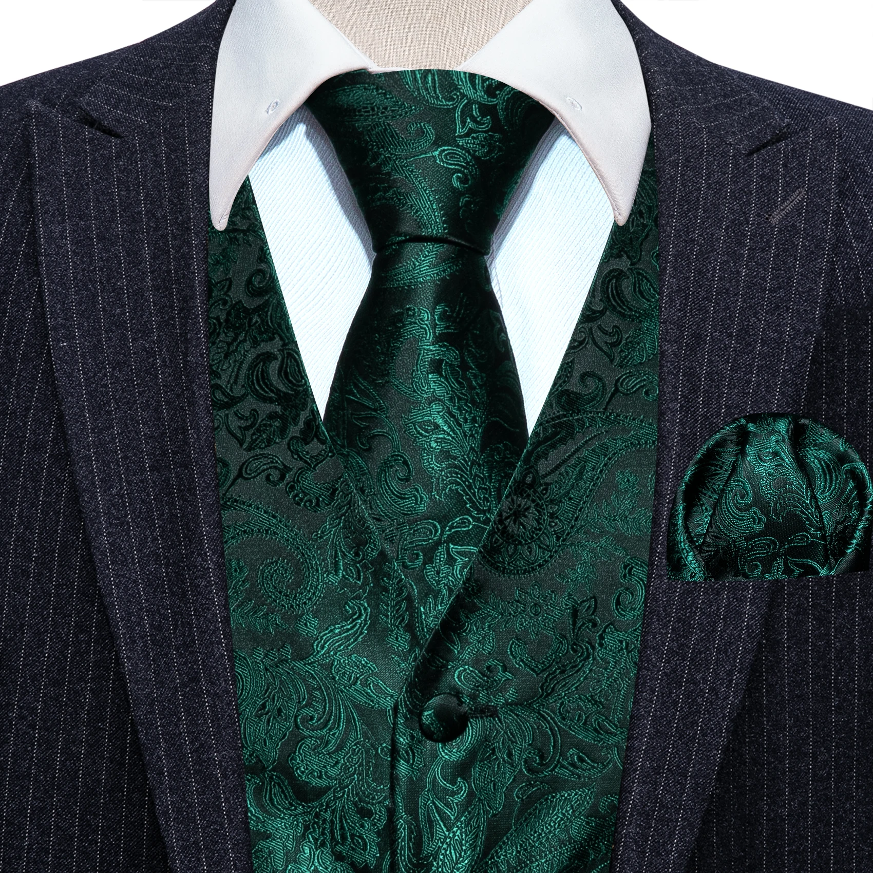 Luxury Mens Vest Suit Green Paisley Flower Slim Fit Male Dress Sleeveless Formal Work Waistcoat Tie Hanky Gilet Barry Wang 5