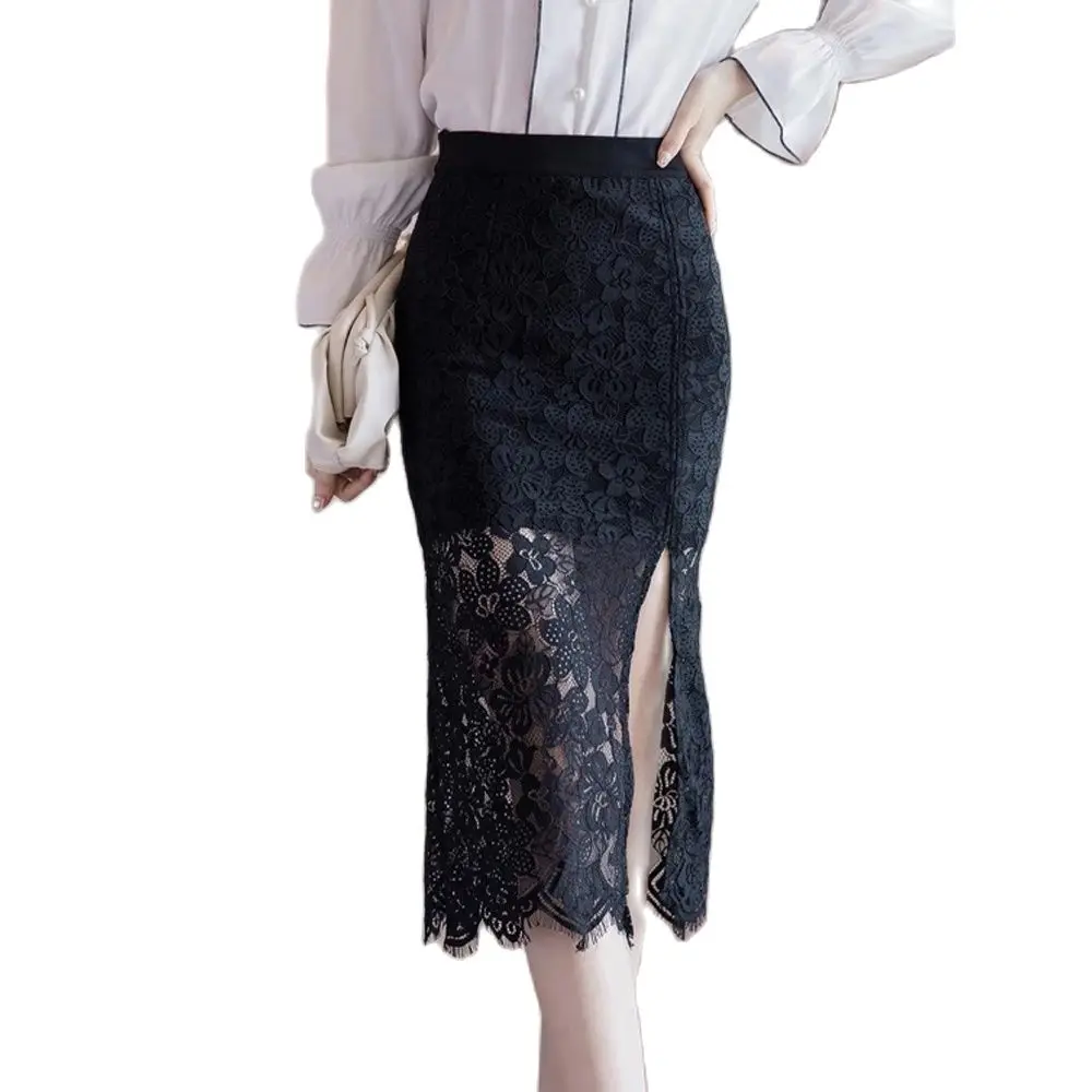 White Lace Skirts Two-Layer Sexy Hollow Out Split High Waist