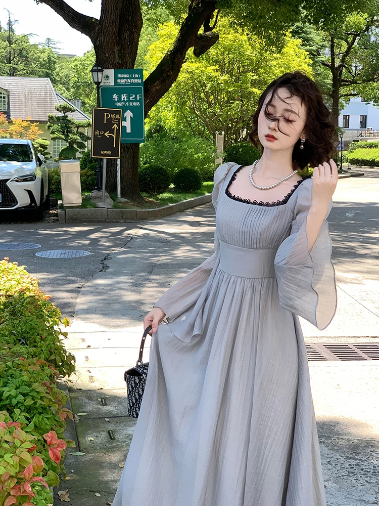 Autumn Princess Midi Dresses for Women Square Collar Flare Sleeve A-line Party Dress Slim Waist Korean One Piece Vestidos New