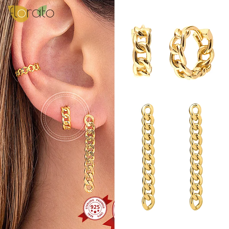 

925 Sterling Silver Ear Needle Long Chain Stud Earrings for Women Korean Style Hollow Square Punk Hoop Earrings Fashion Jewelry