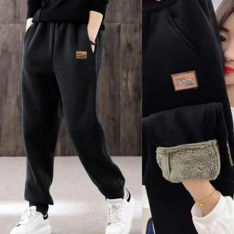 Women's Elastic Waist Drawstring Solid Pocket Three-dimensional Decoration Pants Winter Loose Cashmere Casual Sports Pants