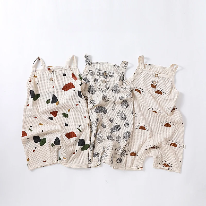 

Summer Baby Rompers Printed Waffle Boys Clothes Sleeveless Sling Girls Jumpsuits