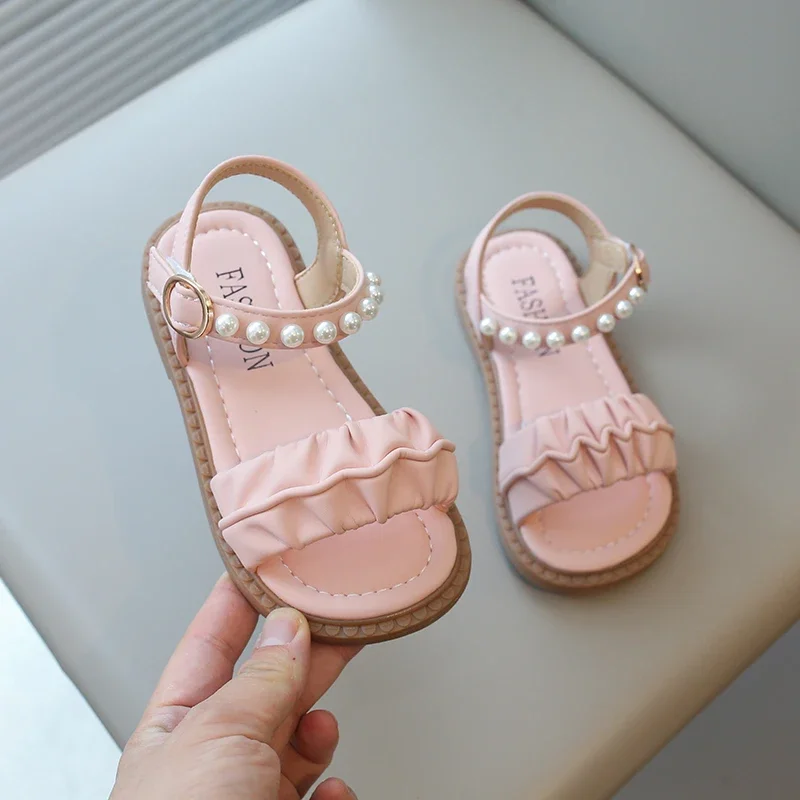 Girls Summer Sandals 2025 New Princess Kids Beach Shoes Rubber Out-sole Ruffles Pleated with Pearls Beading Open Toes Sweet Soft