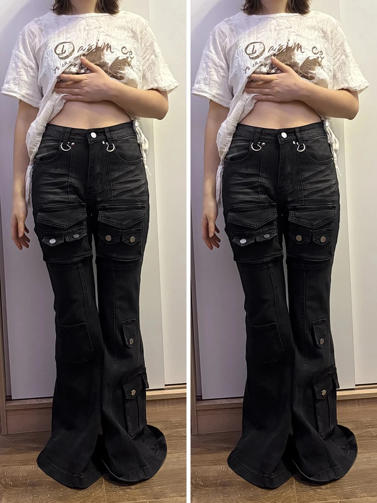 REDDACHiC Black Low Waist Cargo Jeans 2000s Distressed Whiskers Multi-pocket Stretch Bootcut Pants Women Retro Grunge Streetwear photo review