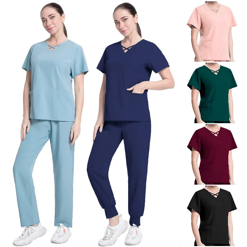 

Women V-neck Scrub set Doctor surgical suit split set hospital cllinic Beauty Salon Medical Uniform Nurse Short Sleeved Workwear