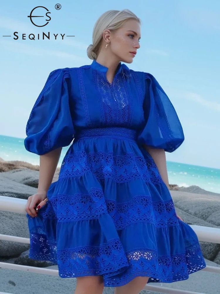 

SEQINYY Elegant Loose Dress Summer Spring New Fashion Design Women Runway Short Puff Sleeve Lace Spliced Belt Casual High Street