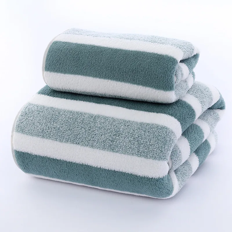 Striped Coral Fleece Quick-Drying Towel Set – Soft, Absorbent, and Stylish Bath Towels green