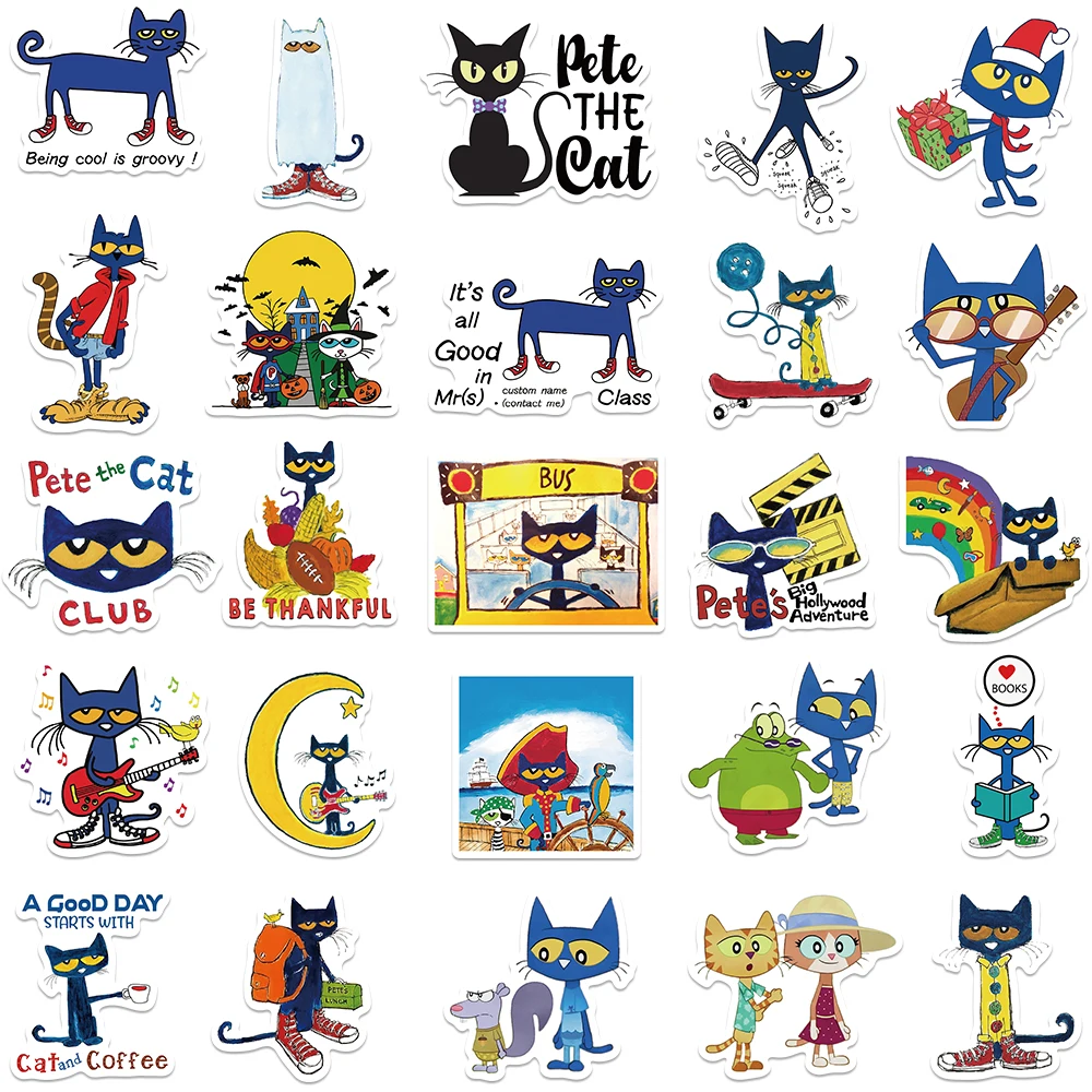 50pcs Cartoon Pete the Cat Stickers Funny Anime Graffiti Decals For Kids Toys Laptop Luggage Guitar Skateboard Bottle Sticker cartoon stickers decorative stickers cat stickers anime stickers animal stickers graffiti stickers cartoon animal stickers