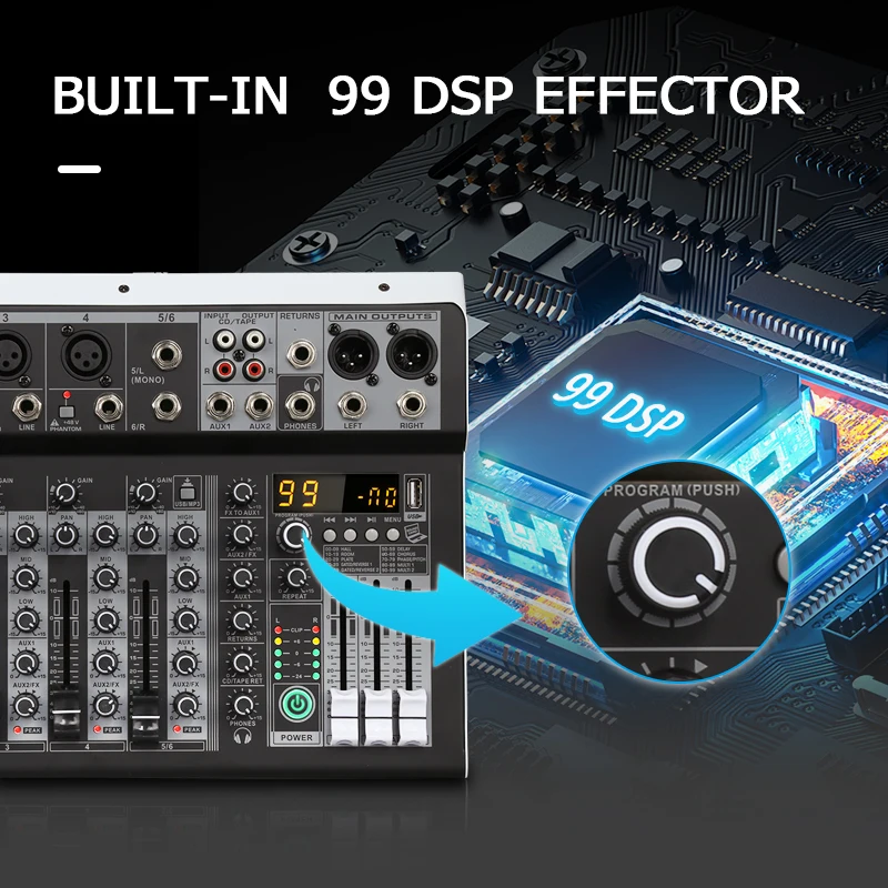 KP6 오디오 믹서 6채널 99개 DSP 이펙트 레코드 PC 48V 팬텀 파워 USB 사운드 믹서 블루투스 DJ 콘솔 믹싱 (노래방용)