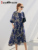 SuyaDream Women Floral Dresses 100%Silk Crepe Lantern Sleeves Sashes Long Dress 2023 Spring Summer Office Lady Clothes Blue