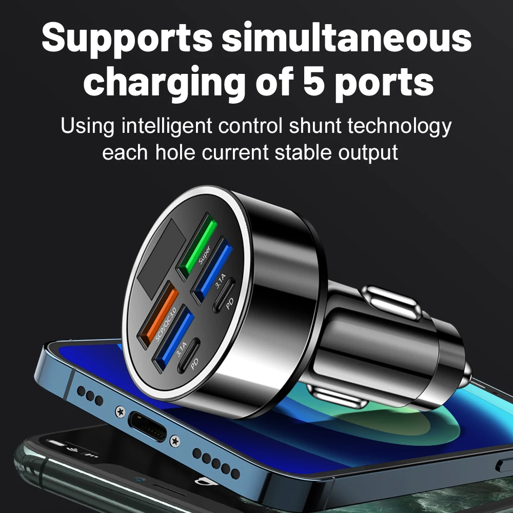 6 Ports Car Charger USB C Car Phone Charger PD Type C Power Adapter in Car Fast Charging For iPhone Samsung Xiaomi Huawei QC 3.0