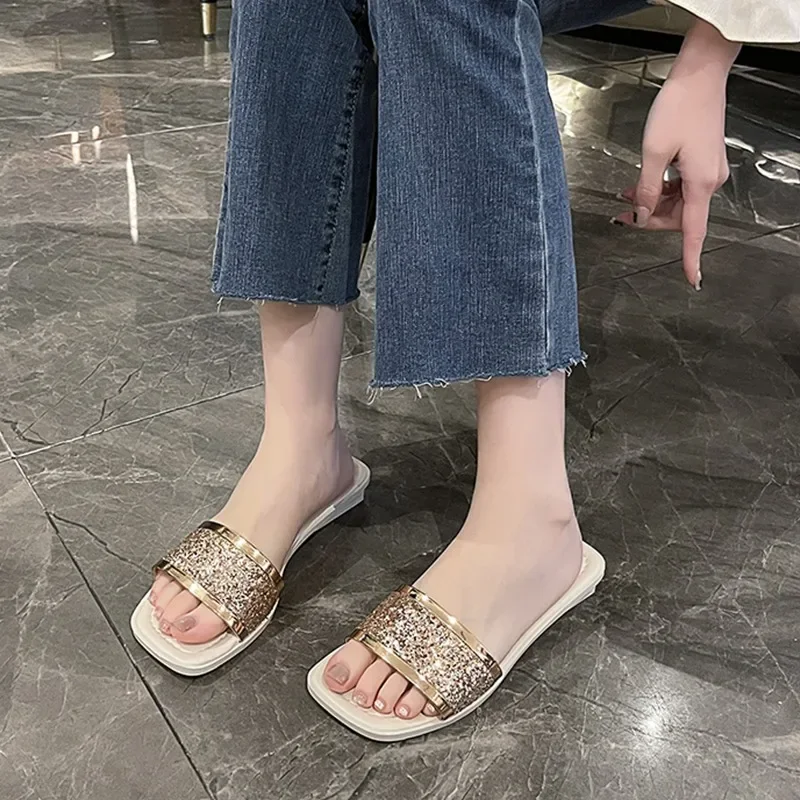 

Шлепанцы женские с квадратным носком, сандалии на плоской подошве, пляжные шлепанцы, повседневная обувь, лето 2024