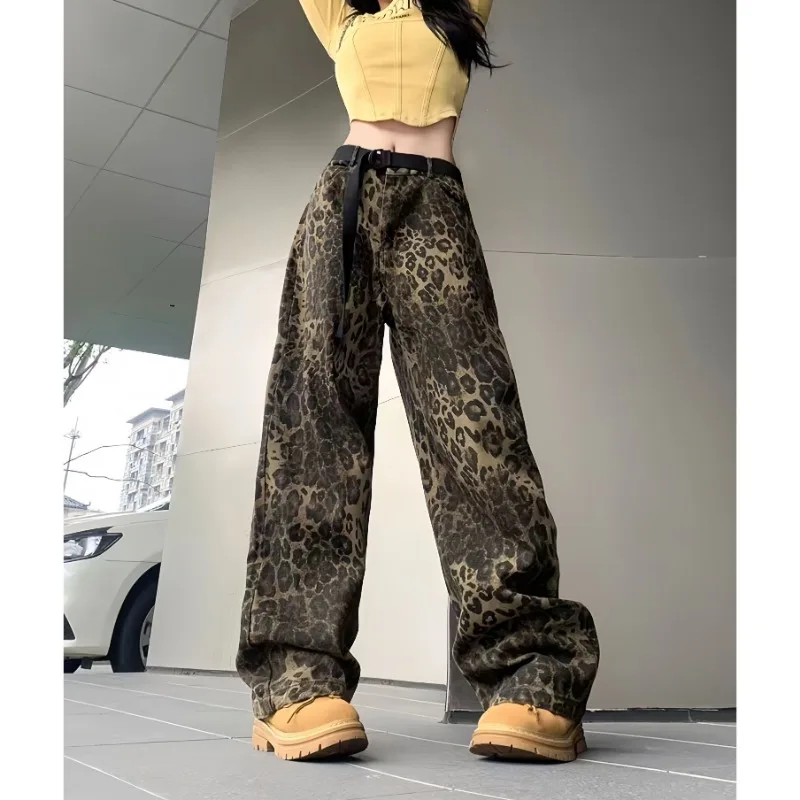 Mop Pants Jeans United States Gaojie Ins Retro Style Leopard Print Woman Autumn Winter Design Sense Loose Fitting Wide Legs