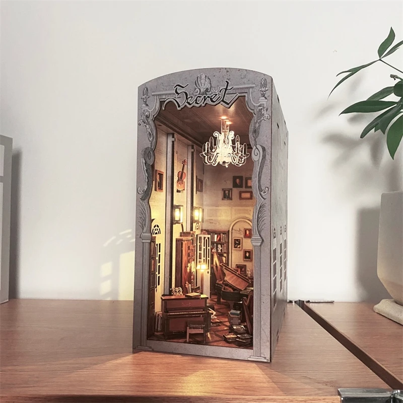 DIY Wooden Book Nook Shelf Insert Kit Miniature Building Kits Secret Piano Room Bookshelf with Light Bookends Friends Gifts