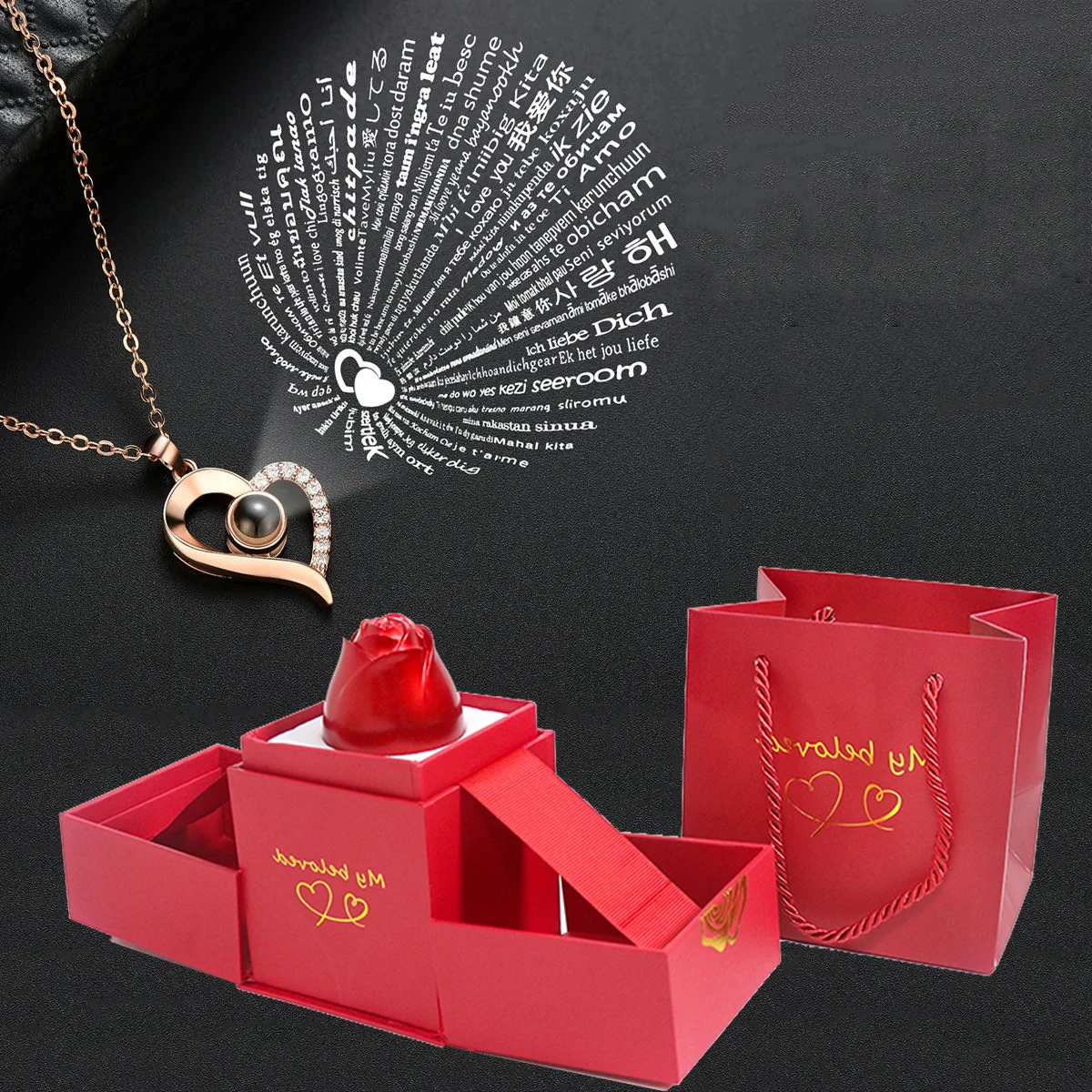 

Titanium Steel 100 Languages I Love You Projection Necklace With Rose Gift Box 2023 Fashion Jewelry For Girlfriend Best Gifts